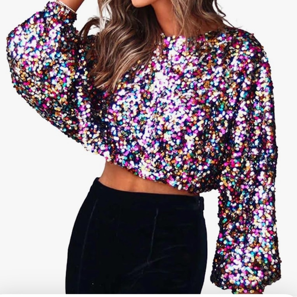 Women's Multi-Color Sequin Crop Top - Sparkle Balloon Sleeve Blouse